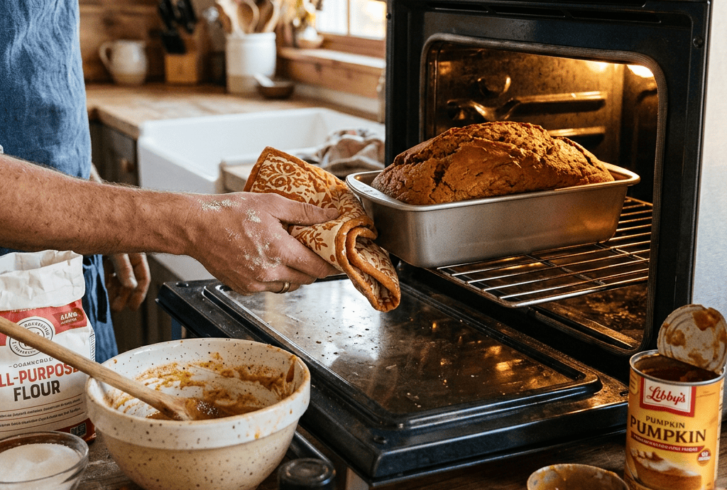 Person taking a pumpkin bread loaf out of an oven using a patterned cloth